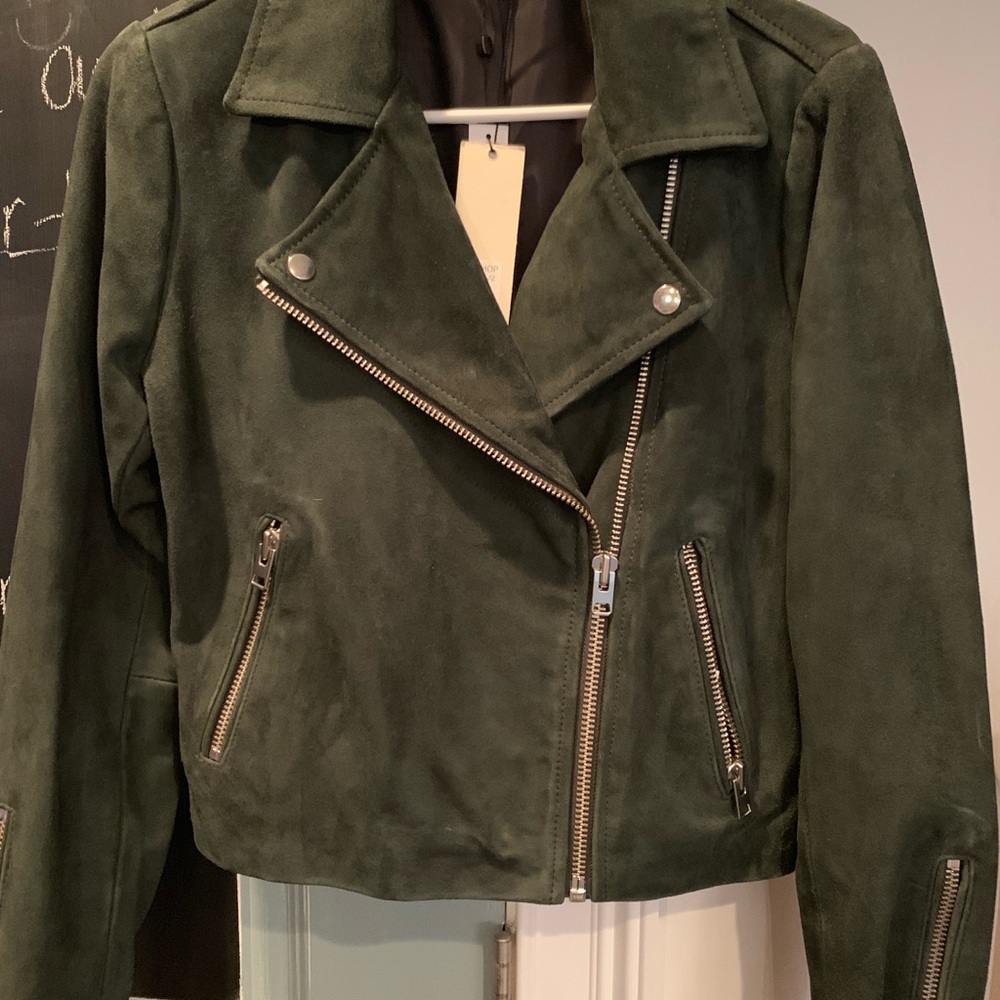 TopShop Forrest Green Suede Moto Jacket US 8